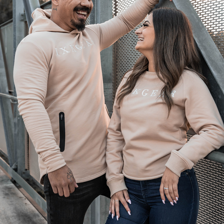 IXK Gear Crewneck Jumper in Colour: Sand. Male model is wearing the IXK Gear Muscle Hoodie in Colour: Sand