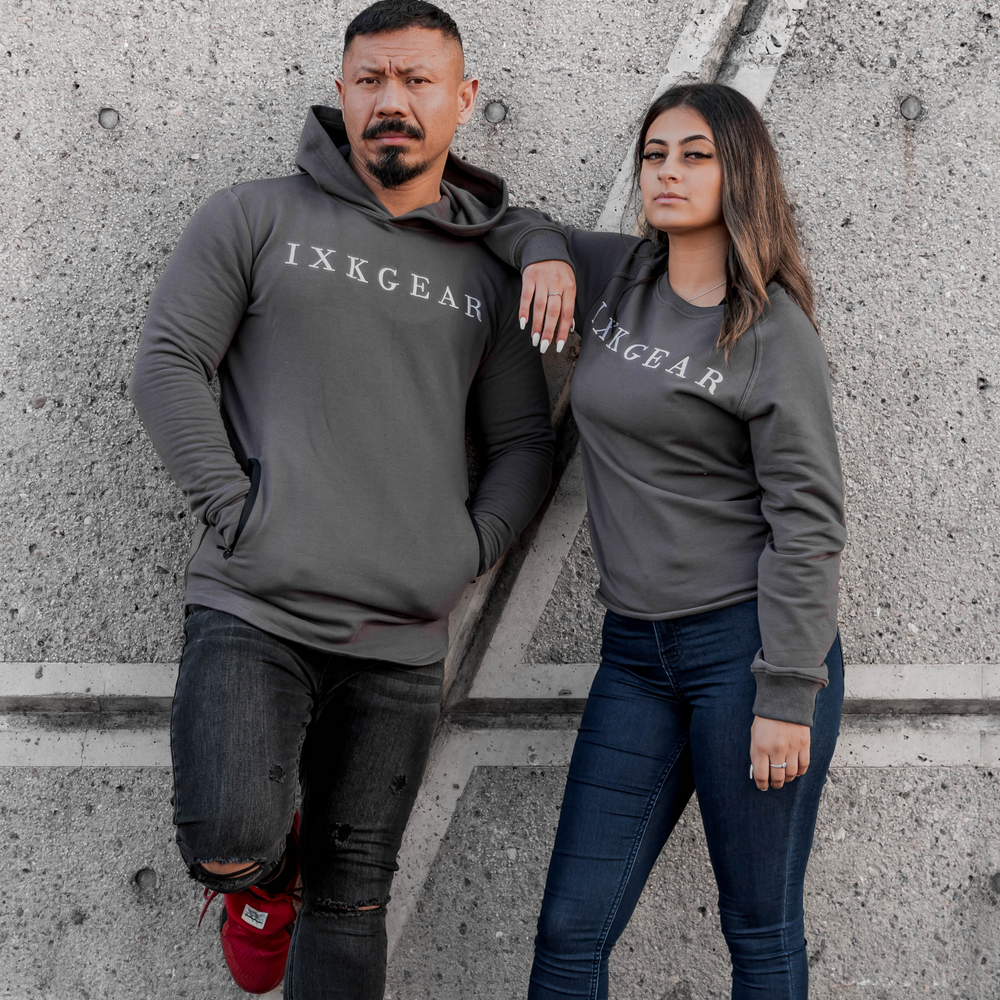 IXK Gear Crewneck Jumper in Colour: Charcoal. Male model is wearing the IXK Gear Muscle Hoodie in Colour: Charcoal