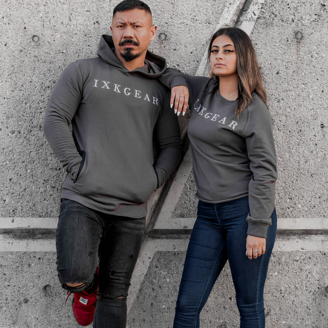 IXK Gear Crewneck Jumper in Colour: Charcoal. Male model is wearing the IXK Gear Muscle Hoodie in Colour: Charcoal