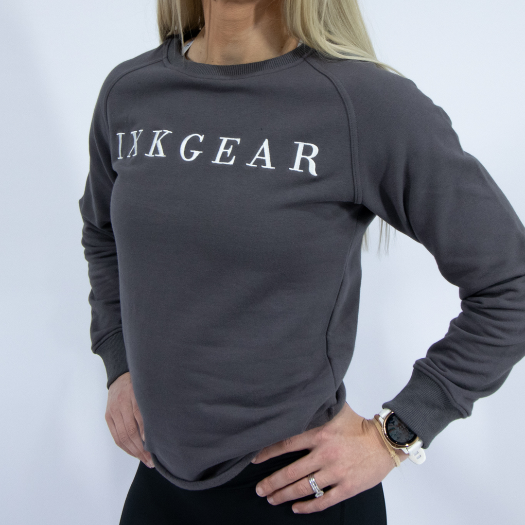 IXK Gear Crewneck Jumper in Colour: Charcoal. Plain white background.