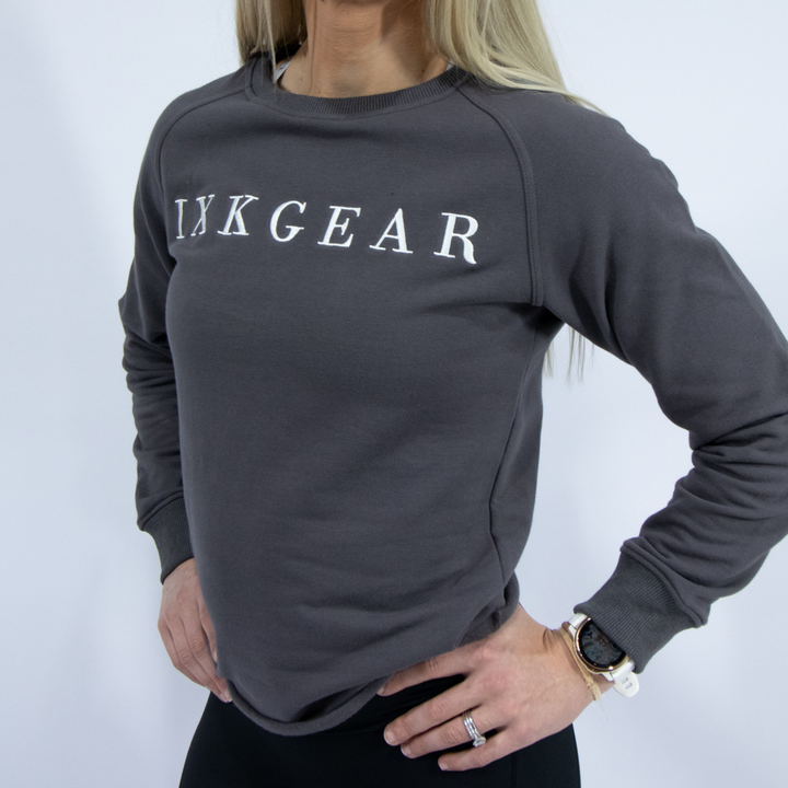 IXK Gear Crewneck Jumper in Colour: Charcoal. Plain white background.