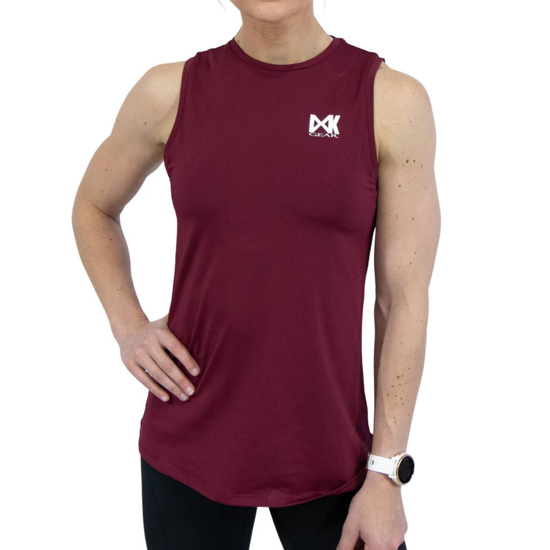 IXK Gear Quick Dry Tank Top in Colour: Maroon. Plain white background.